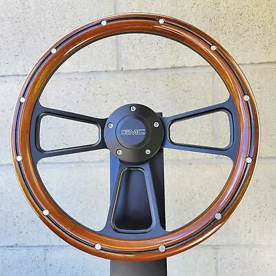 14  Black Billet Steering Wheel Real Mahogany Wood Aluminum Rivets GMC Modern • $179.48