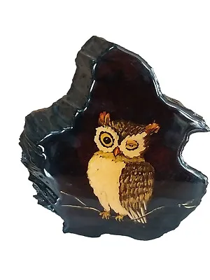 Vtg Original Hand Painted Owl On Branch Small Painting On Burl Wood Slab 7 X8  • $17.99