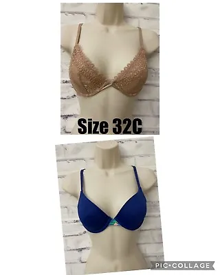 Victoria’s Secret PINK Lot Of 2 Bras Size 32C Very Sexy Plunge T Shirt Blue Lace • $18.18