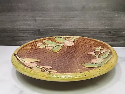 Antique Majolica Footed Plate Platter Stand Brown Basketweave Pink Flower Round  • $65.80