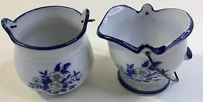 VTG Miniature Mini Coal Bucket & Pail Taiwan BLUE & WHITE Roses Wire Handle B26 • $13