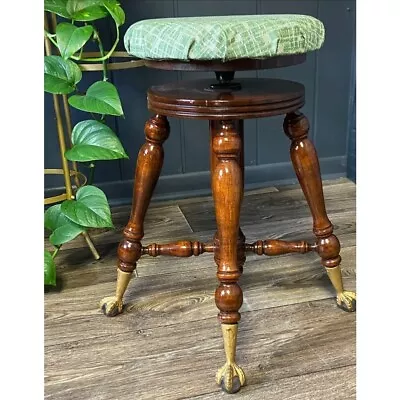 Antique Solid Wood Swivel Piano Stool - VGC - Brass Tipped Ball & Claw Feet • $227