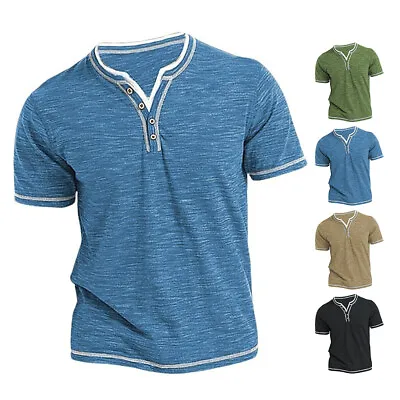 Men's T-Shirt Button Placket Vintage Slim V-neck Tops Shirt Short Sleeve Tops • $6.91