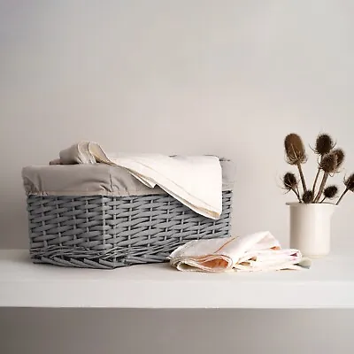 Grey Wicker Storage Basket With Liner Shelf Basket Gift Hamper Nursery Room Box • £12.99