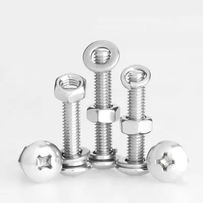 M2 M2.5 M3~M8 A2 SS Pan Head Phillips Screws Set Bolt+Nut+Washer+Spring Washer • £2.87
