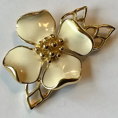 Vintage Trifari Signed Cream Enameled Dogwood Flower Brooch • $48