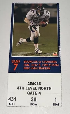 11/8/98 Denver Broncos Chargers MILE HIGH Stadium NFL Ticket Stub Davis X2 TD's • $17.49