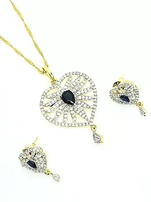 22ct Gold Indian Asian Jewellery American Diamond Sapphire Heart Pendant Set  • £24.99