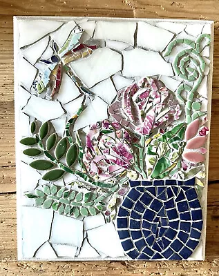 Handmade Mosaic Art Vase Of Flowers Dragonfly White Blue Pink Green. 8x10 • $125