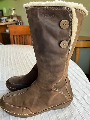 TEVA Tonalea Chocolate Brown Waterproof Leather Boots Faux Shearling Sz 8 CUTE • $30