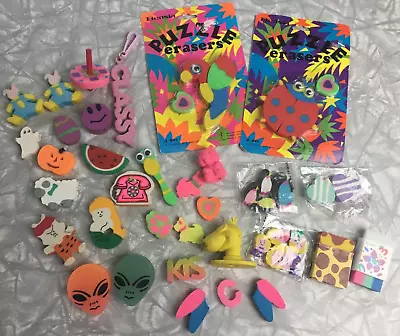 Vtg Girlie Eraser Lot Of 40 Shaped 3D/Printed/Keychain 80s/90s Rubber Collection • $36.35