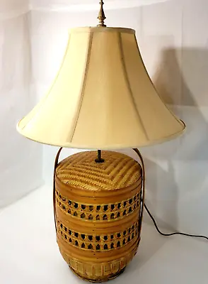 Rare WICKER RATTAN TABLE LAMP Basket Style Vintage Mid Century Large 32  Tall • $195