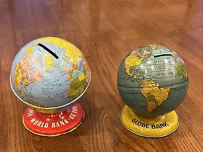 2 Vtg J Chein & Ohio Art Co World Globe Map Metal Coin Still Banks TIN LITHO USA • $34.29