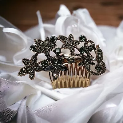 Vintage Metal With Olive GREEN AND GRAY Rhinestone Floral Hair Comb BRIDAL  • $27