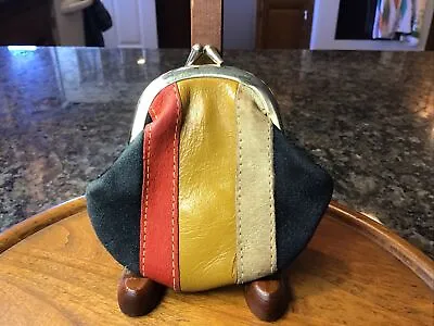 Vintage 1970 Patchwork Leather Suede Change Purse Coin Bag Kiss Lock Hippie Boho • $24.90