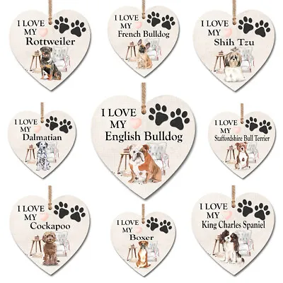 Wooden Heart Plaque Wall Sign I Love My Dog Pet Lovers Birthday Gift HMQ0005 • £3.99