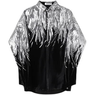 Men Sparkle Velvet Shirt Shiny Sequin Wing Loose Stage Costume Party Glitter • $52.82