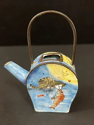 Empress Arts LTD 1997 Enamel Brass Miniature Tea Pot Cat & Fish Scene • $30