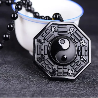 Taoism Tone Ying Yang Taiji Bagua Pendant Black Obsidian Beads Necklace • $5.80