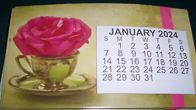 2024 Large Print Magnet Calendar Green & Gold Delicate Teacup Pink Rose Monthly • $3.95