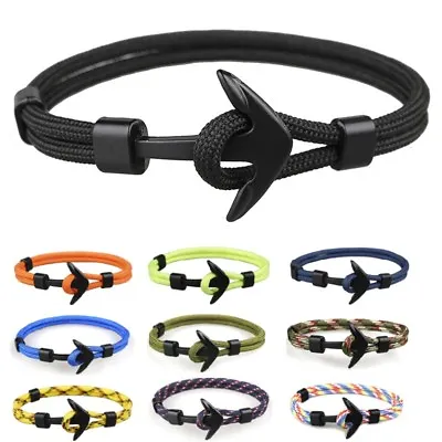 Metal Black Anchor Polyester Rope Men Boy Surfer Army Fashion Wristband Bracelet • £3.99