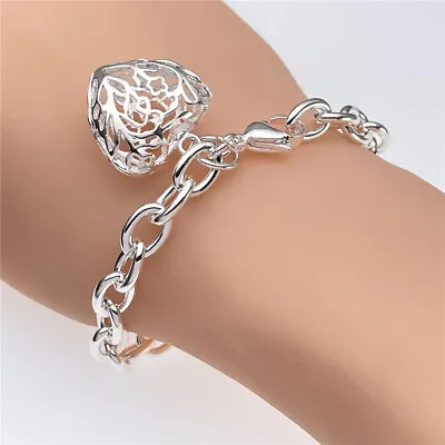 Womens Fashion 925 Sterling Silver Filled Big Heart Dangle Charm Bracelet Bangle • $6.99