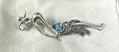 925 Sterling Silver Vintage Real Blue Topaz & Marcasite Gem Figure Pin Brooch • $39.95