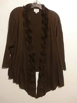 Eci Woman NY Cardigan 3X Brown 3/4 Sleeve Fabric Flower 3D Trim Hi-Low Hem • $18.99