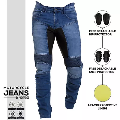Mens Motorcycle Jeans Denim Blue Aramid Protective Stretch Panel Motorbike Pants • $62.22