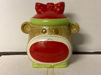 Real Home Sock Monkey Cookie Jar Earthenware Girl Green And Red Polka Dot  • $23.75