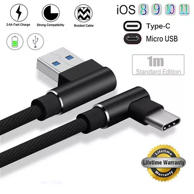 Braided 90 Degree Right Angle Type C/IOS/ Micro USB Fast Data Sync Charger CabC~ • $7.48