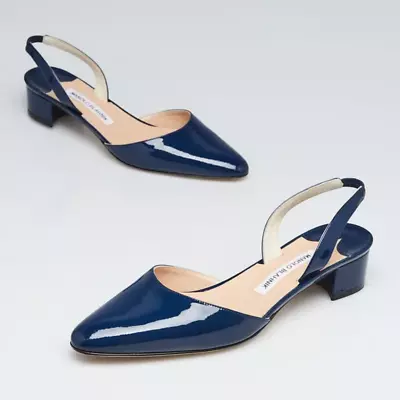 $695 Manolo Blahnik Blue Patent Leather Slingback Block Aspro Heels Size 11/41 • $245