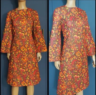 60s/70s Vintage Orange Psychedelic Print Flute Sleeve Dress  • £35