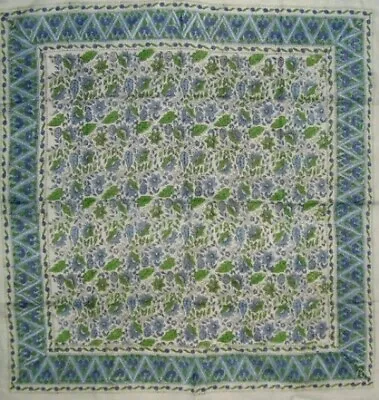 Floral Block Print Scarf Soft Light Cotton 42 X 42 Blue N Green • $17.99