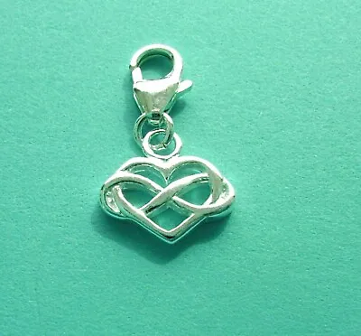 925 CLIP ON Solid Sterling Silver INFINITY HEART CHARM On Lobster Clasp • £6.43