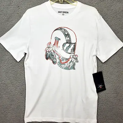 Harley Davidson Tshirt Men Small White #1 Helmet Retro Racer Graphic Cotton NWT • $17.58