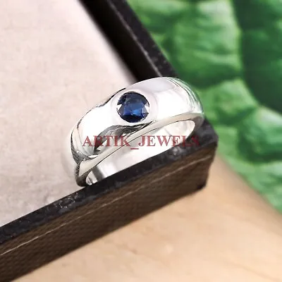 Heated Blue Sapphire With 14K White Gold Plated Silver Ring For Men's #3101 • $83.22