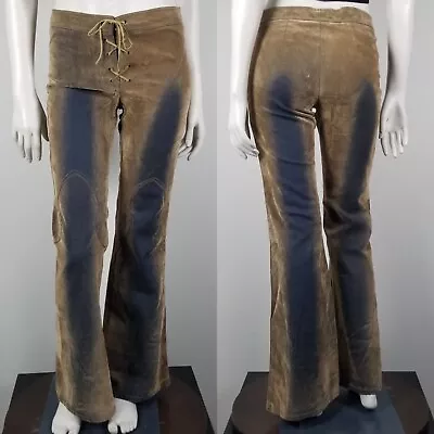 La Belle Vintage 90s Y2K Tan Velvet Burnout Lace Up Fly Pants Size 7 Juniors • $60