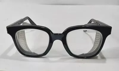 Vintage Fibre-Metal Black Horn Rimmed Clear Glass Safety Glasses Slide Lok • $40