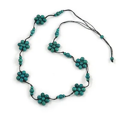 Long Wooden Flowers Cotton Cord Necklace In Teal - 90cm Long • £12.99