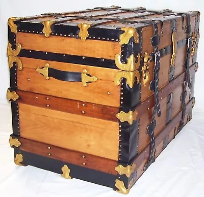 Beautiful Antique Flat Top Storage Chest Steamer Trunk W/ Leather Straps • $649.99