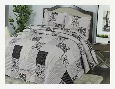 3 Pcs Quilted Bedspread Embossed Bed Throw Comforter Set Double King Size .. • £22.99