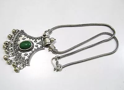 Beautiful Green Bead Pendant With Flexible Chain Silver Oxidized Long Necklace. • $30.48