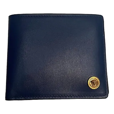 Versace La Medusa Logo Plaque Navy Blue Calf Leather Bifold Wallet • $498.96