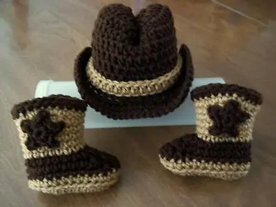 $22.99 • Buy COWBOY Newborn Baby HAT And BOOTS Set Cowgirl Brown Crochet 0-3  Mo PHOTO PROP