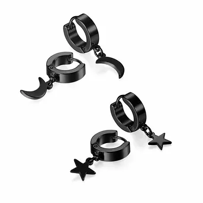 $9.99 • Buy 2PCS Stainless Steel Hoop Huggie Moon Pentagram Dangle Stud Earrings Men Women