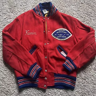 1975 RED Letterman Messalonskee Maine WOOL LEATHER Jacket Kevin • $125