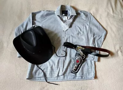 Men’s  Check Shirt Cowboy Costume Outfit Size 38  Hat Gun Holster Neck Tie  • £15.99