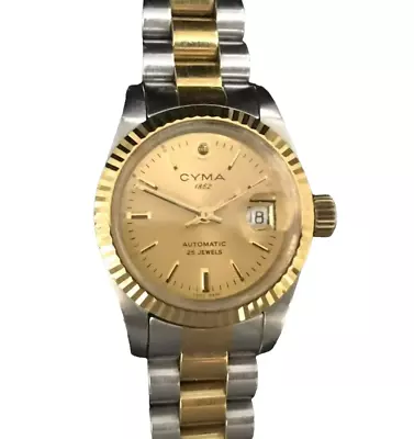 Cyma 1862 Automatic  Gold Dial 2-Tone Stainless Steel Lady's Watch RARE • $426.49