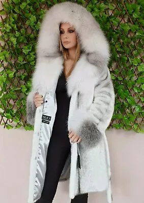 Gorgeous  Black  Cross MINK FUR COAT JACKET With Hood  Fox Trim  • $1999